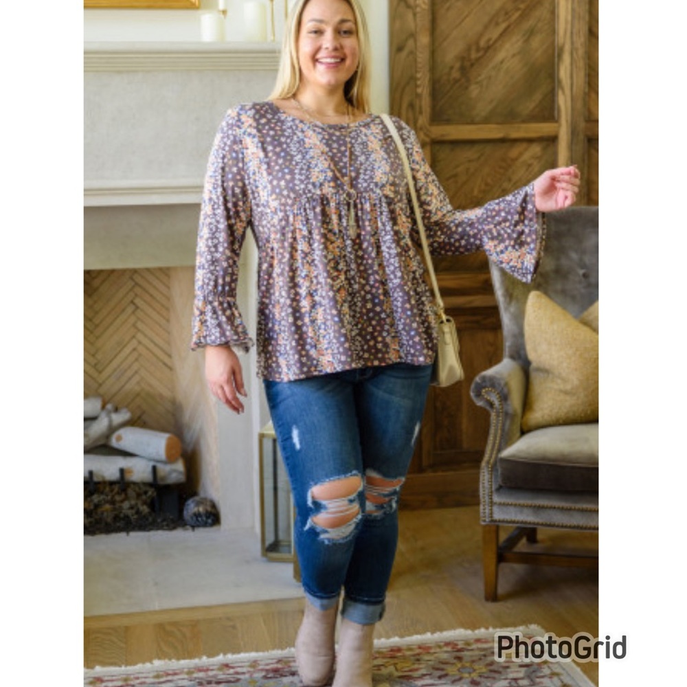NEW Bohemian Baby Doll Muted Purple Floral Stripes Plus 3x Top Tunic Bell Sleeve